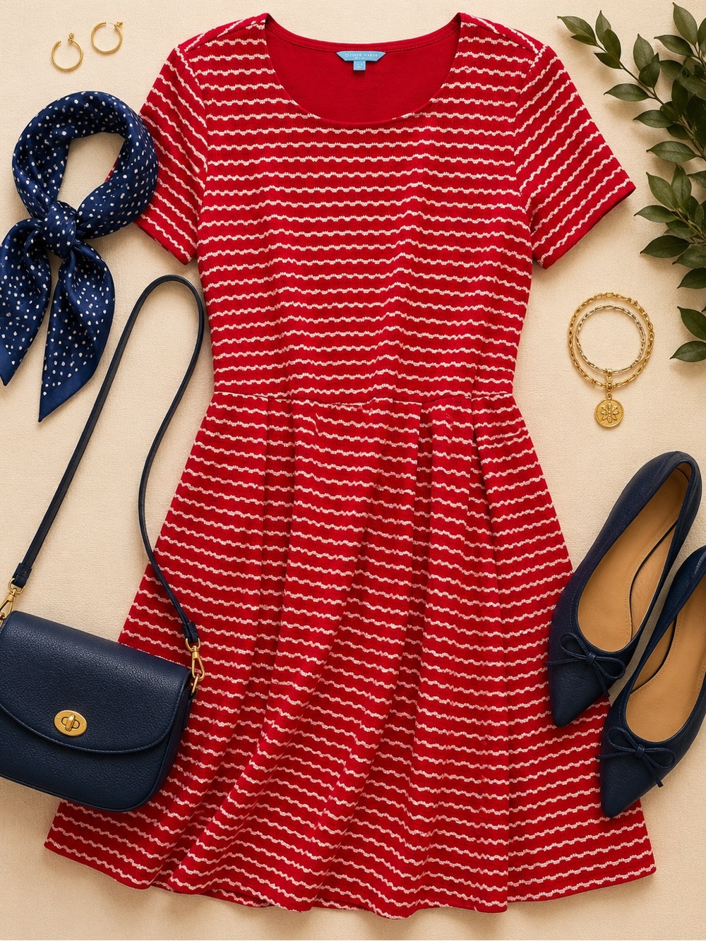 Draper James Red Short-Sleeve Fit & Flare Dress with Wave Stripe
